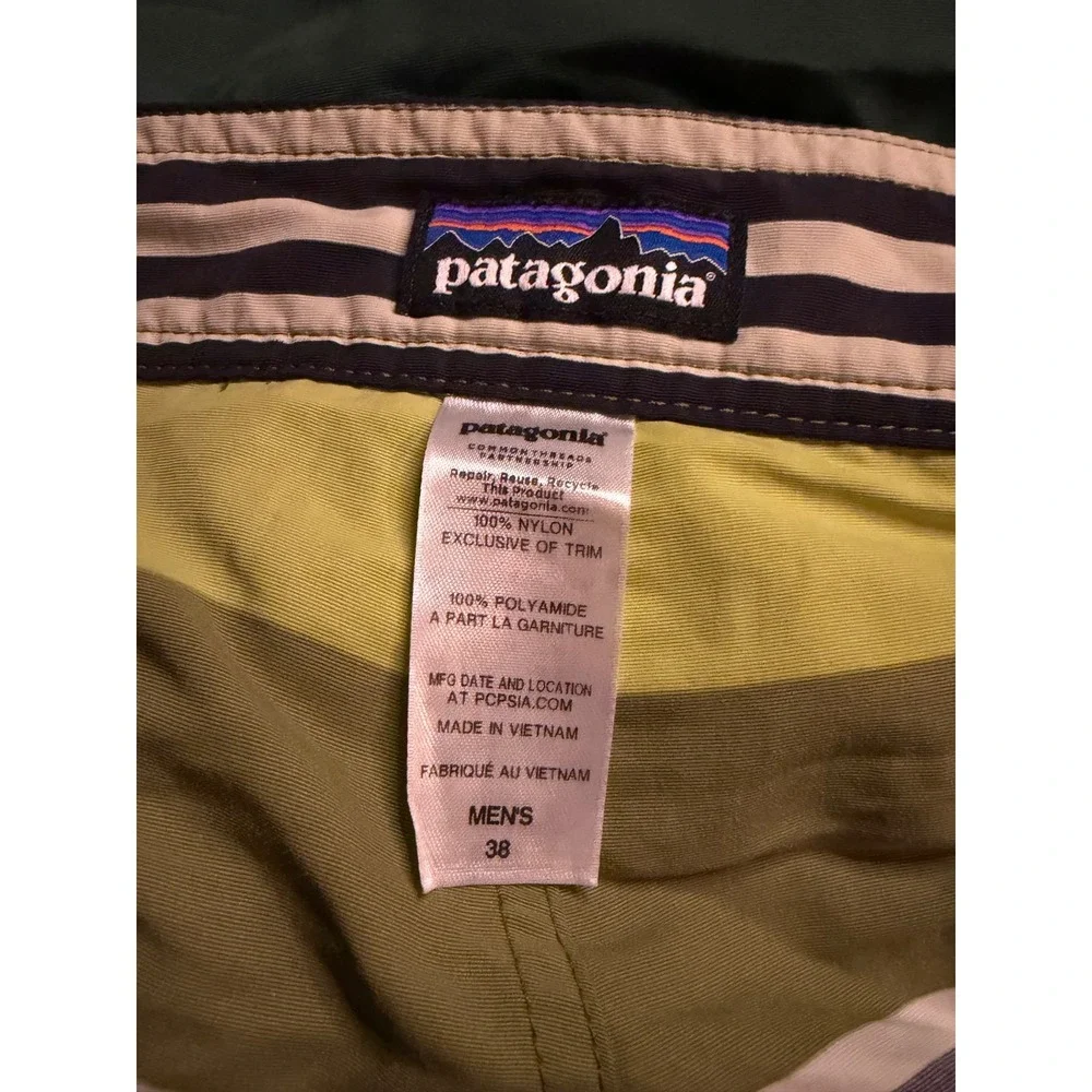 Patagonia Mens Striped Board Shorts Green Navy Blue Swim Trunks Size‎ 38